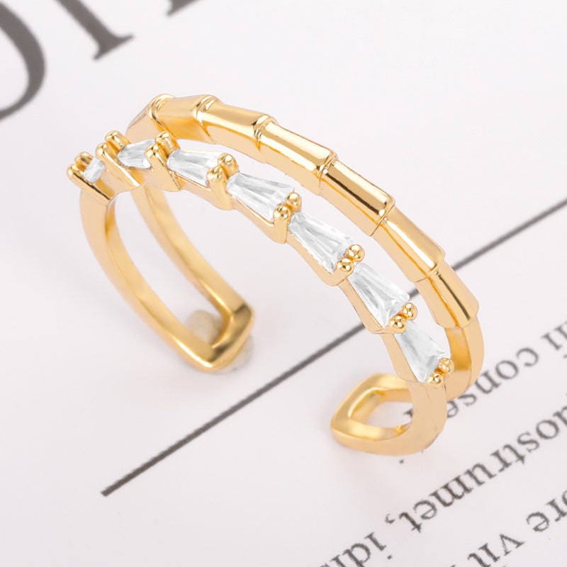 Zircon Double Layer Copper Ring With Golden Bamboo Inlay For Elegant Wedding Jewelry Fashion Accessory For Women