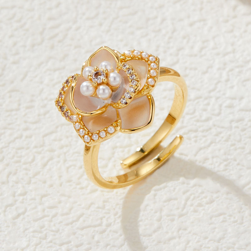 Copper Flower Open Ring Elegant Dripping Oil Design Floral Adjustable Band Ring Niche Jewelry Gift For Her For