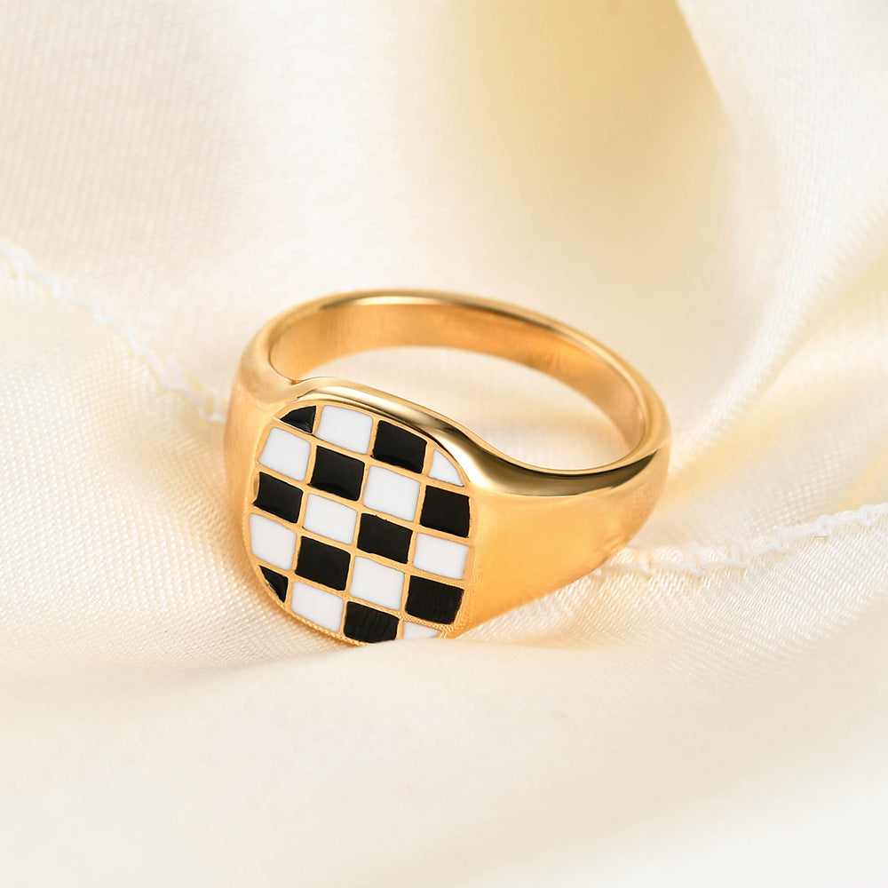 Square Black And White Checkerboard Gold Ring Titanium Steel Diamond Setting Gold Plated Inlaid Stones Size 6 7 8 9