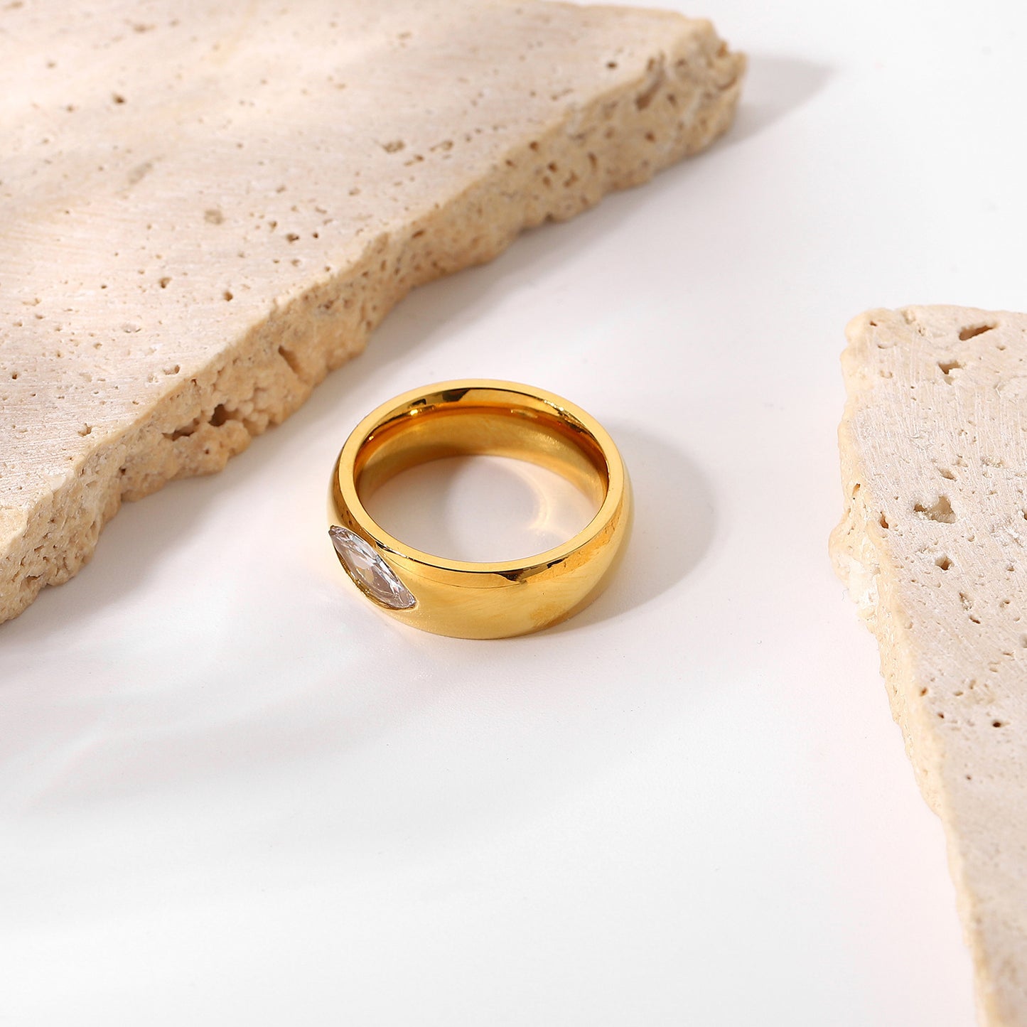 Womens Stainless Steel Ring 18K Gold Electroplated Transparent Rock Sugar Square Diamond Geometric Design Ring