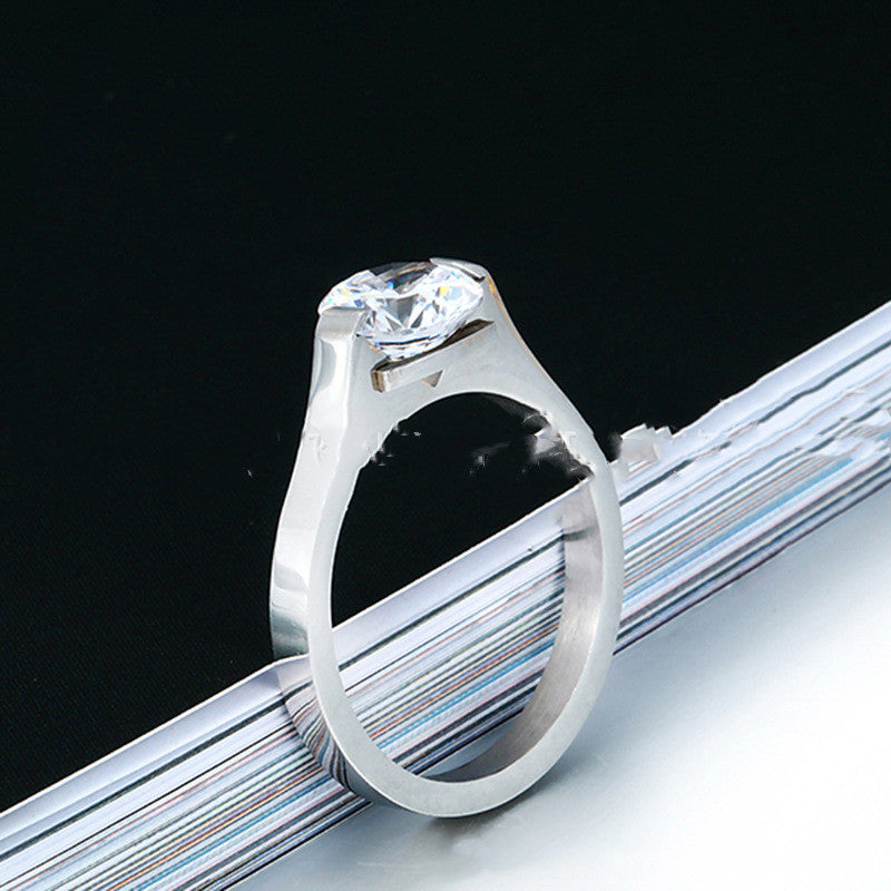 Womens Stainless Steel Geometric Ring Large Round Diamond Fashion Jewelry Gift Steel Color Gold Or Rose Gold For Women