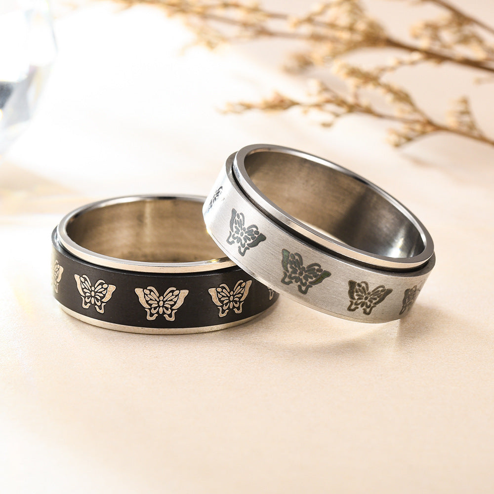 Rotatable Titanium Steel Butterfly Couple Rings With Pattern Electroplated Metal Design Jewelry Everyday Style