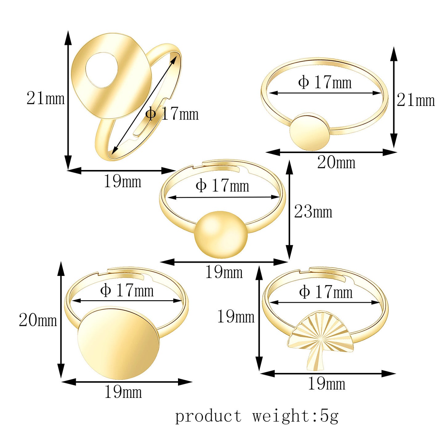 Adjustable Geometric Irregular Joint Ring Set Five Piece Women Gold Alloy Fashion Rings Everyday Classic Shine