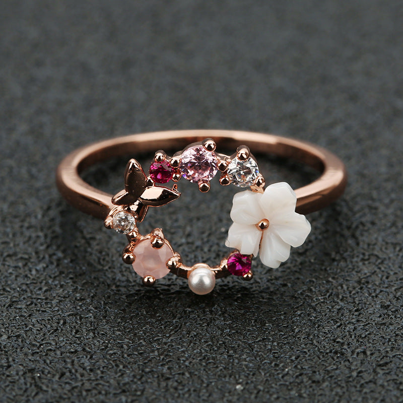 Womens Elegant Butterfly Flower Ring Rose Gold Plated Copper Electroplated Durable Fashion Jewelry Gift For Her