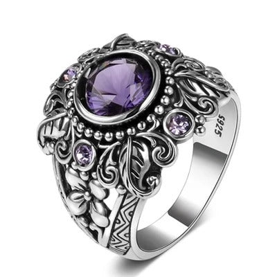 Amethyst Ring Silver Flower Design Retro Thai Style Carved Metal Jewelry For Women And Girls Everyday Wear Gift