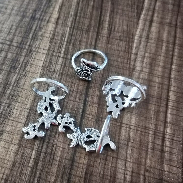 Antique Silver Hollow Flower Ring Set 4 Piece Alloy Rings for Women Girls Trendy Electroplated Jewelry Edition