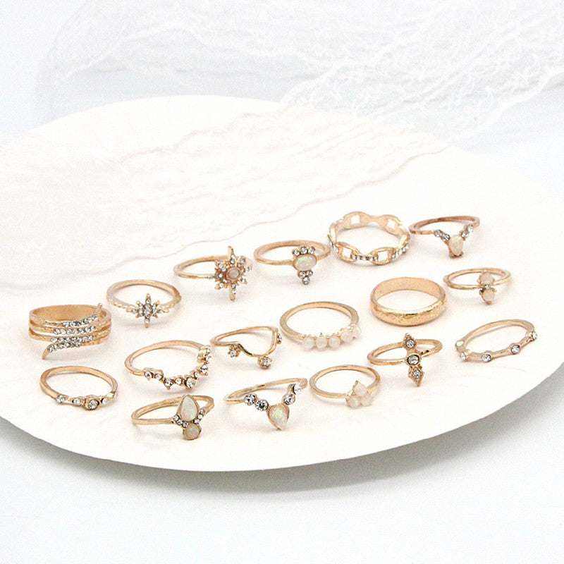 Geometric Alloy Ring Set For Women With Artificial Gem Accents And Electroplating Finish 17 Piece Everyday Style
