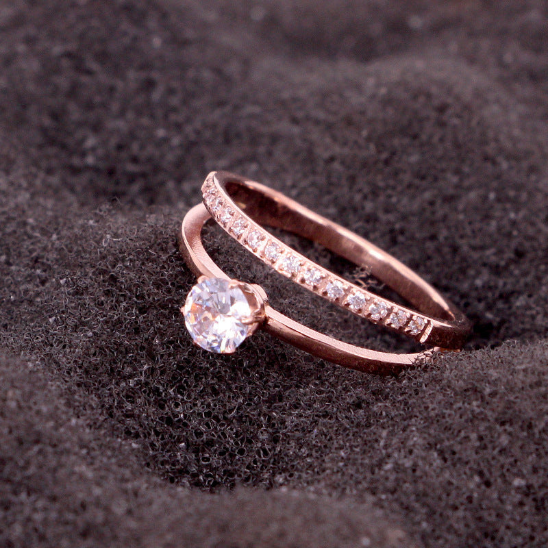 Womens Titanium Steel Ring Double Layer Zircon Inlaid Diamond Electroplated Elegant FashionJewelry Gift Durable