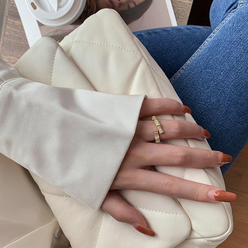 Womens Zircon Inlaid Copper Ring With Geometric Bamboo Design Adjustable One Size Jewelry For Daily Wear Everyday Style