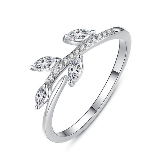 925 Sterling Silver Ring Korean Leaf Design Zircon Branches And Leaves Electroplated Finish Birthday Present925