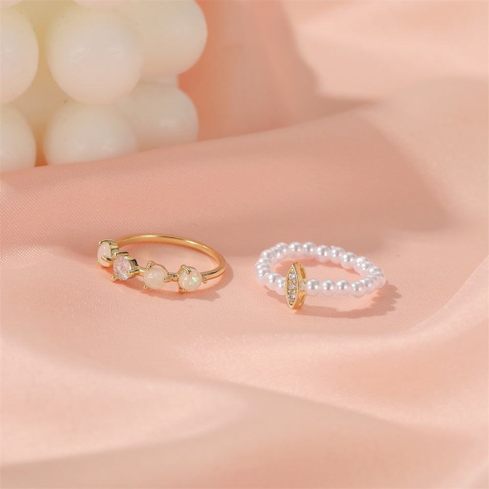 Womens Ring Set Two Piece Copper Rings With Alloy Inlaid Gems And Pearls Korean Geometric Design Jewelry Gift