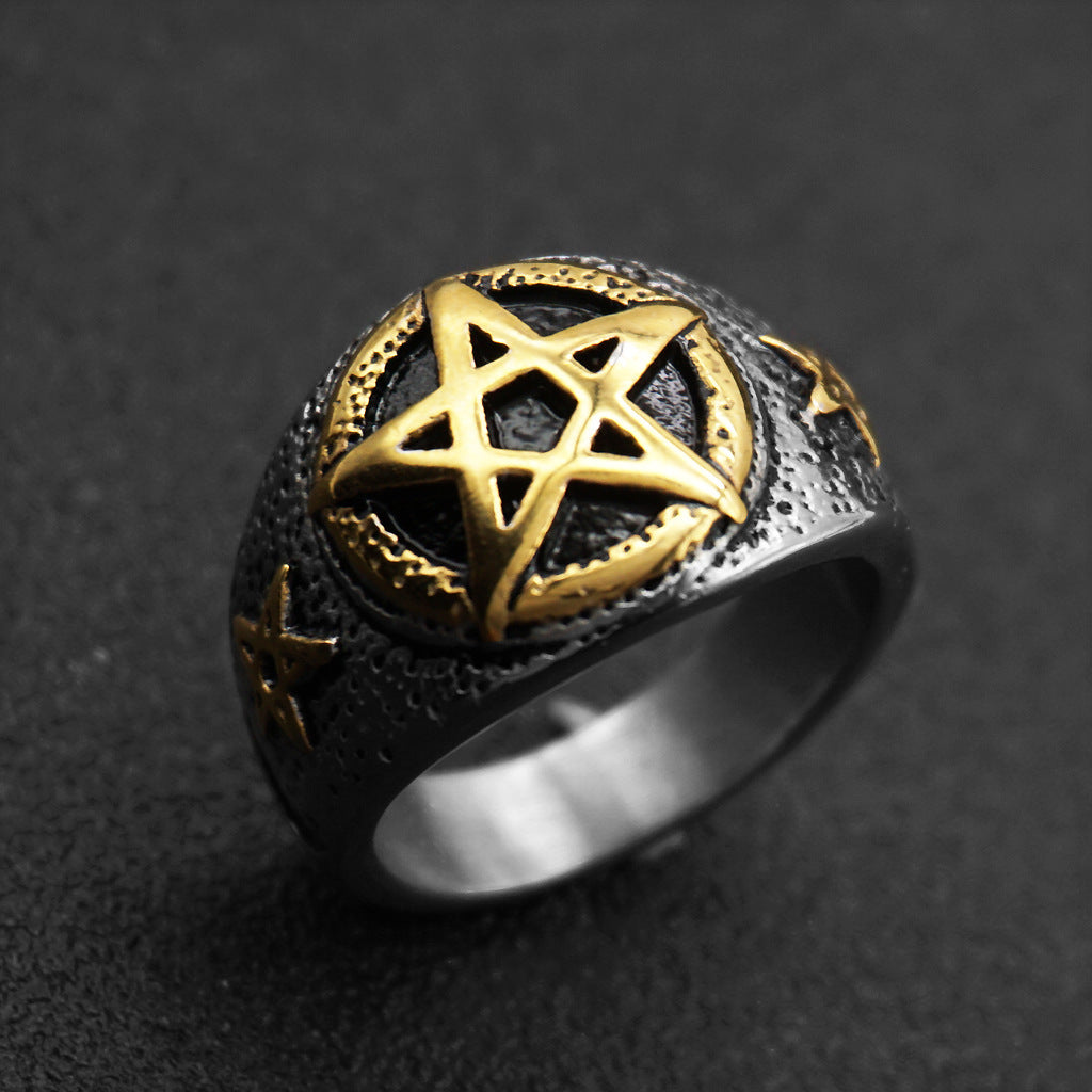 Pentagram star male gold ring titanium steel ring