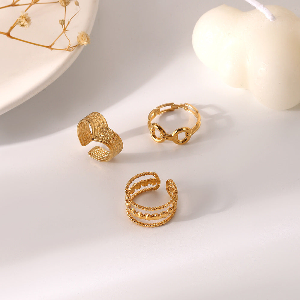 Womens Stainless Steel Ring Set Gold Plated Adjustable Geometric Hollow VO Shape Fashionable Versatile Jewelry