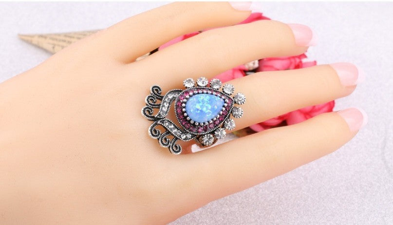 Blue Opaline White Crystal Flower Silver Ring Zircon Brass Sturdy Fashion Statement Jewelry Accessory Gift Her