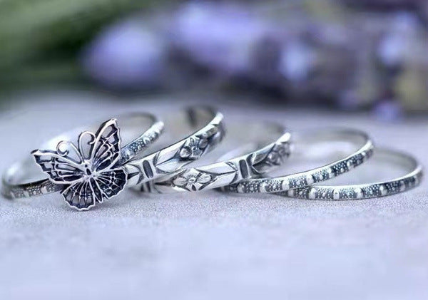 Butterfly Ring Set Retro European American Metal Rings Electroplating Finish Individually Packaged 5 Includes Gift Box