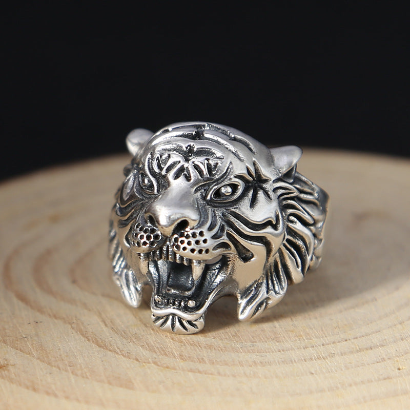 Adjustable Tiger Ring Vintage Animal Zodiac Copper Electroplated Retro Opening Ring Thai Silver Face Width24mm