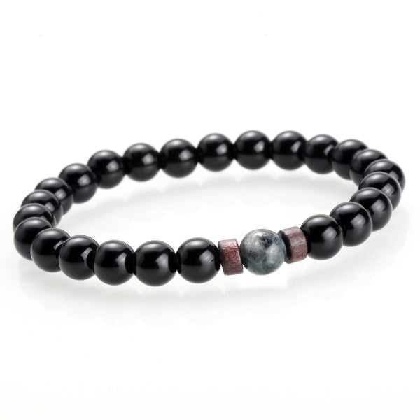 Unisex Volcanic Stone Beaded Bracelet With Alloy Inlay Gemstone Accent Fashion Jewelry Gift For Men MatteBlack