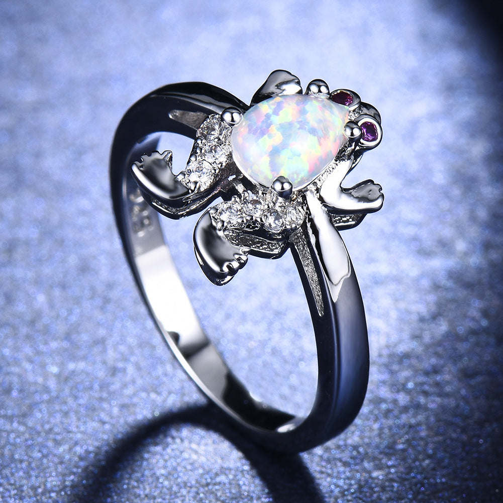 Womens White Opal Frog Ring European Geometric Copper Ring Electroplated Metal Jewelry Fashion Ring for Women or Girls Elegant Ring