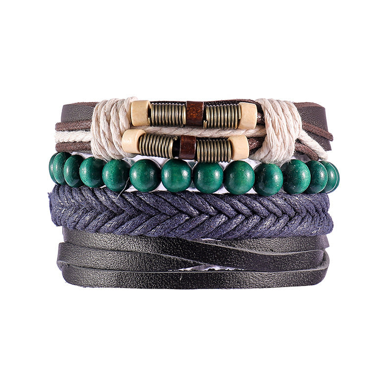 Mens Leather Braided Bracelet European Design Alloy Inlaid Gemstones Retro Geometric Accessory Woven Wristband