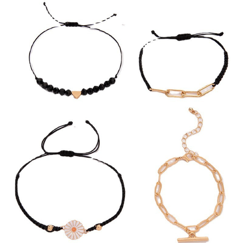 Womens Vintage Alloy Chrysanthemum Bracelet Set Fashion Flower Jewelry With Black Bead Rope 4 Piece Gift Charm