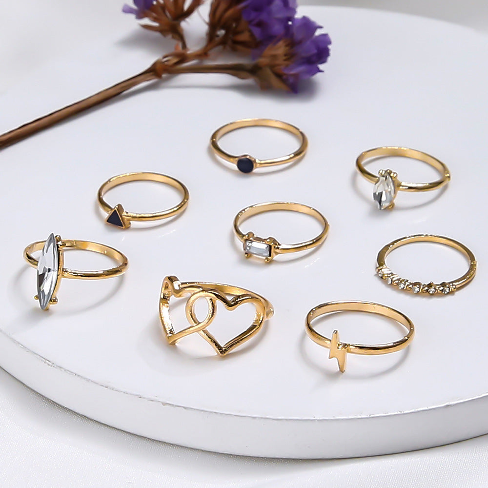 Bohemian Gem Ring Set 8 Alloy Rings Electroplated Gold Finish Heart And Lightning Rings Jewelry Collection Pieces