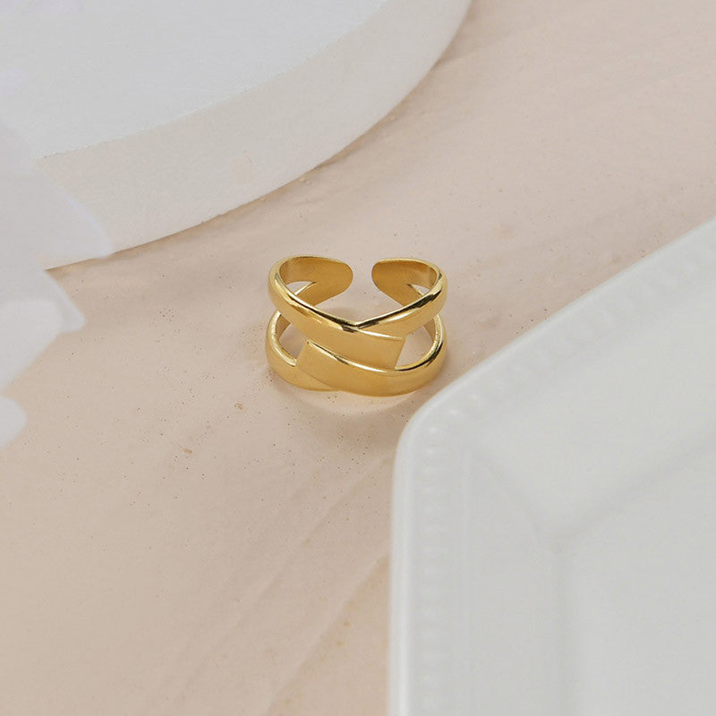 Womens Titanium Steel Ring Adjustable Opening Geometric Ring European Fashion Ring Cool Ring Bowknot Ring Gold