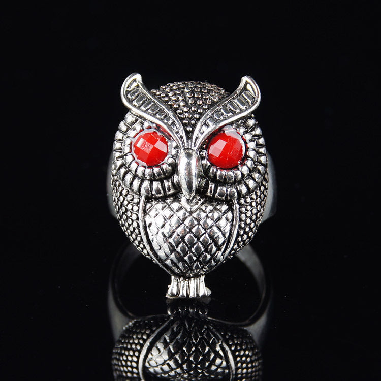 Alloy Owl Ring Unisex Simple Fashion Statement Piece With Owl Design Black Red Sapphire Jewelry For Daily Wear