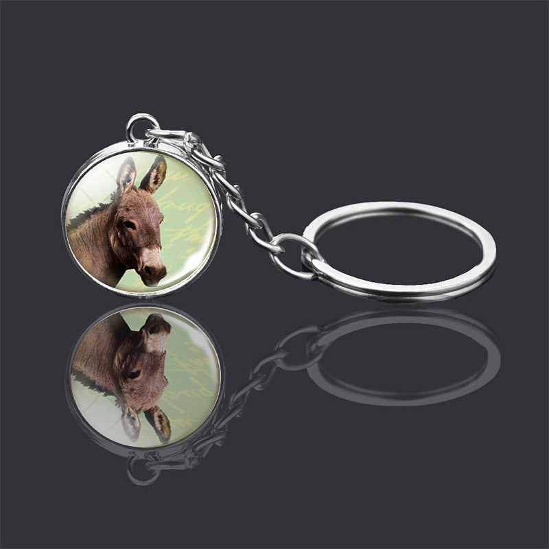 Animal Glass Ball Keychain Double Sided Key Ring With Metal Pendant For Unisex Donkey Rabbit Elephant Fox Bear