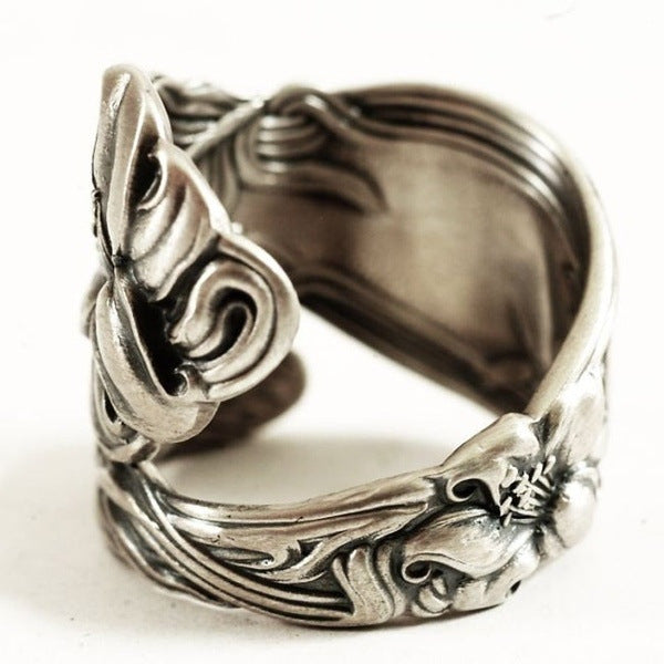 Womens Vintage Flower Ring Hand Carved Adjustable Alloy Ring Antique Silver Finish Birthday Gift Gift Included