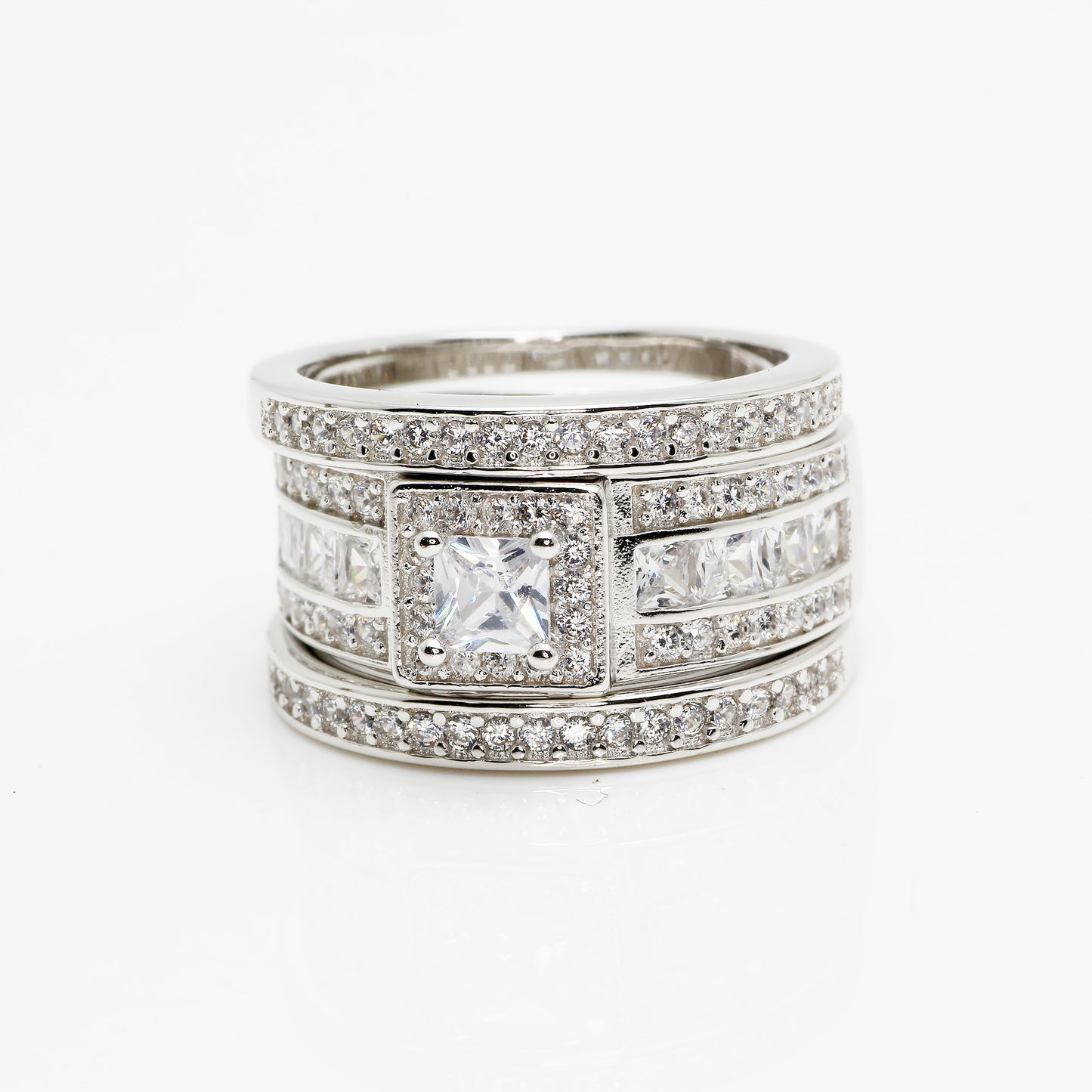 Womens Ring Set Platinum Plated Engagement Ring With Topaz Zircon Inlay Vintage Geometry Three Piece Set Shine