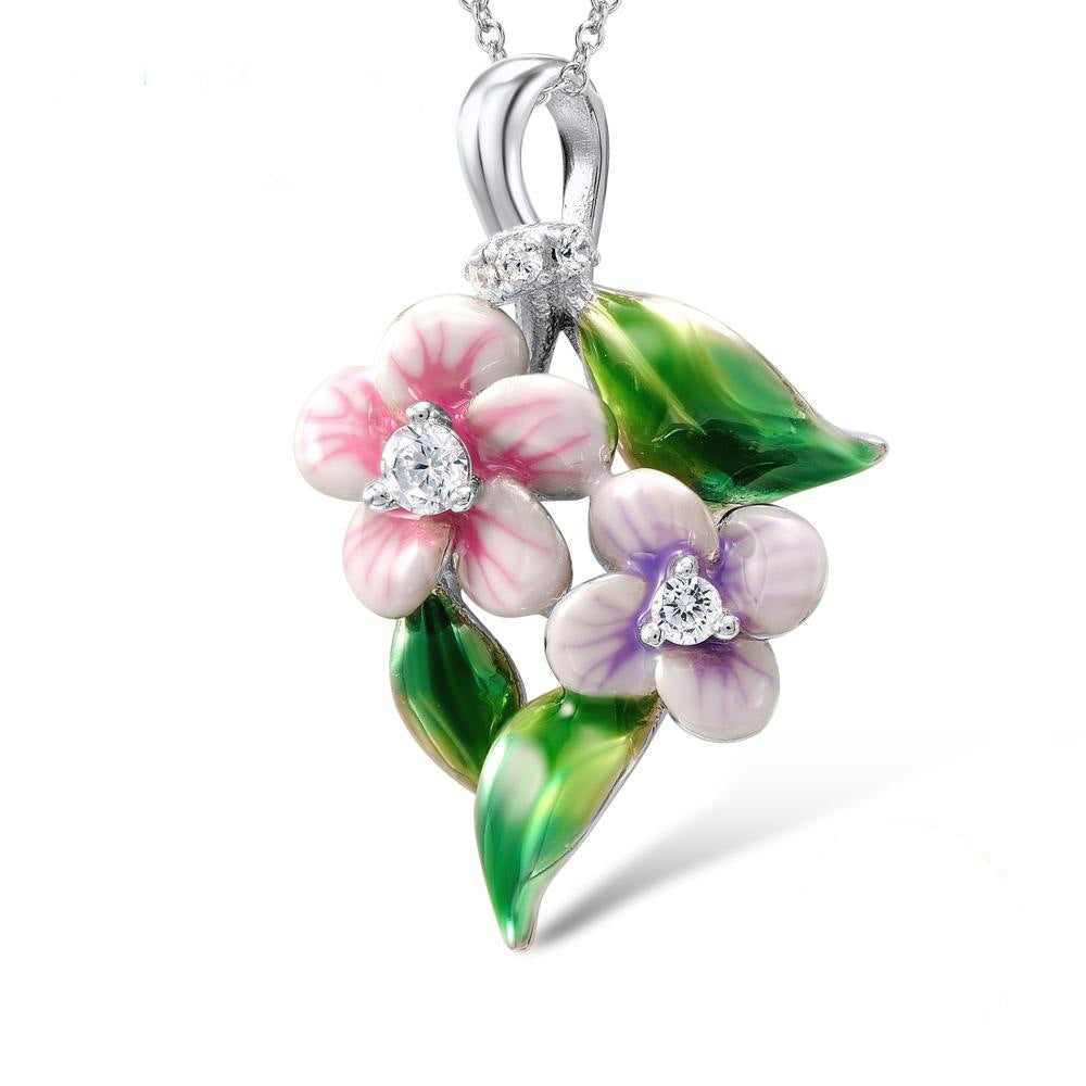 Womens Flower Enamel Copper Jewelry Set Dainty Floral Epoxy Pendant Necklace Earrings Ring Elegant Fashionable