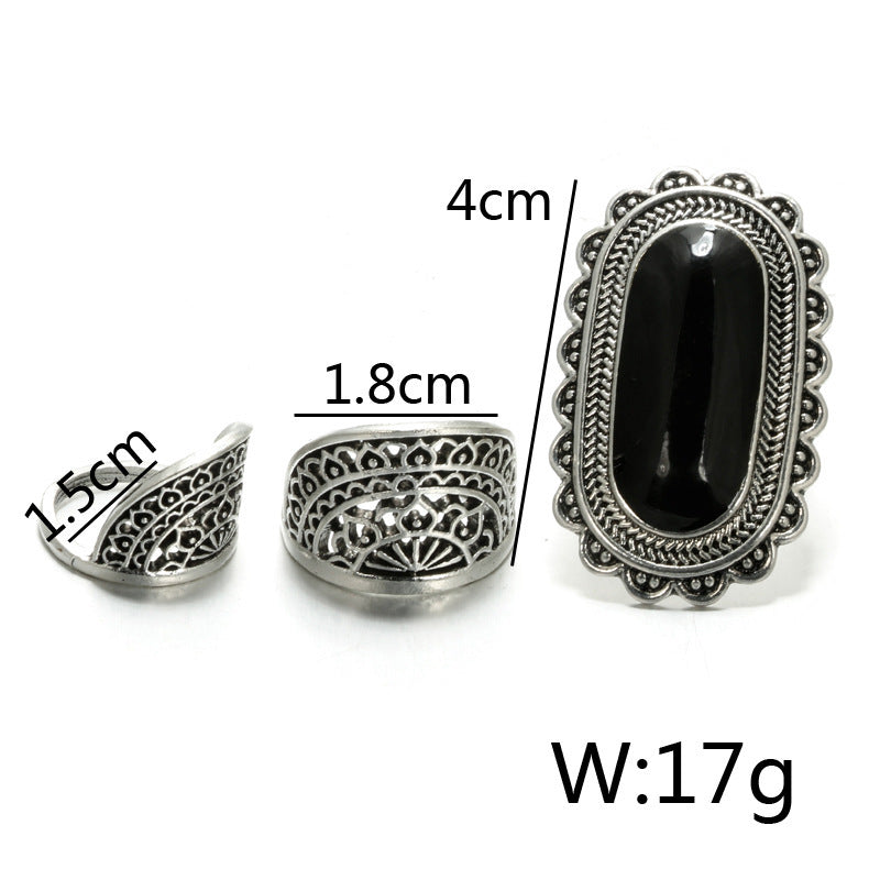 Vintage Black Gem Ring Set 3 Piece Alloy Electroplated Jewelry for Women and Girls Individually Packed Vintage