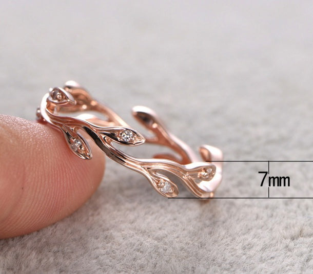 Copper Plated Rose Gold Zircon Ring With Vine Leaf Design