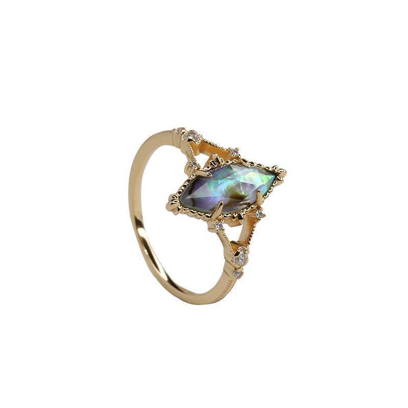 Abalone Shell White Crystal Patchwork Ring Gold Plated Copper Three Dimensional Design Statement Jewelry Classic