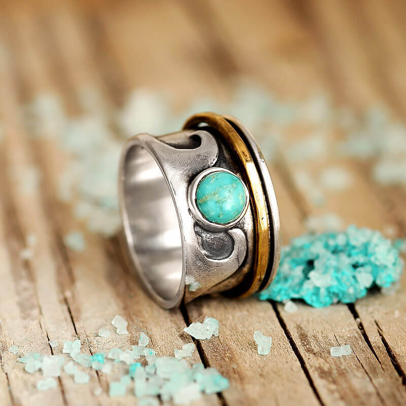 Geometric Ring With Turquoise Inlay Vintage Two Tone Rotatable Alloy Ring Retro Fashion Jewelry Ideal Gift Any Occasion