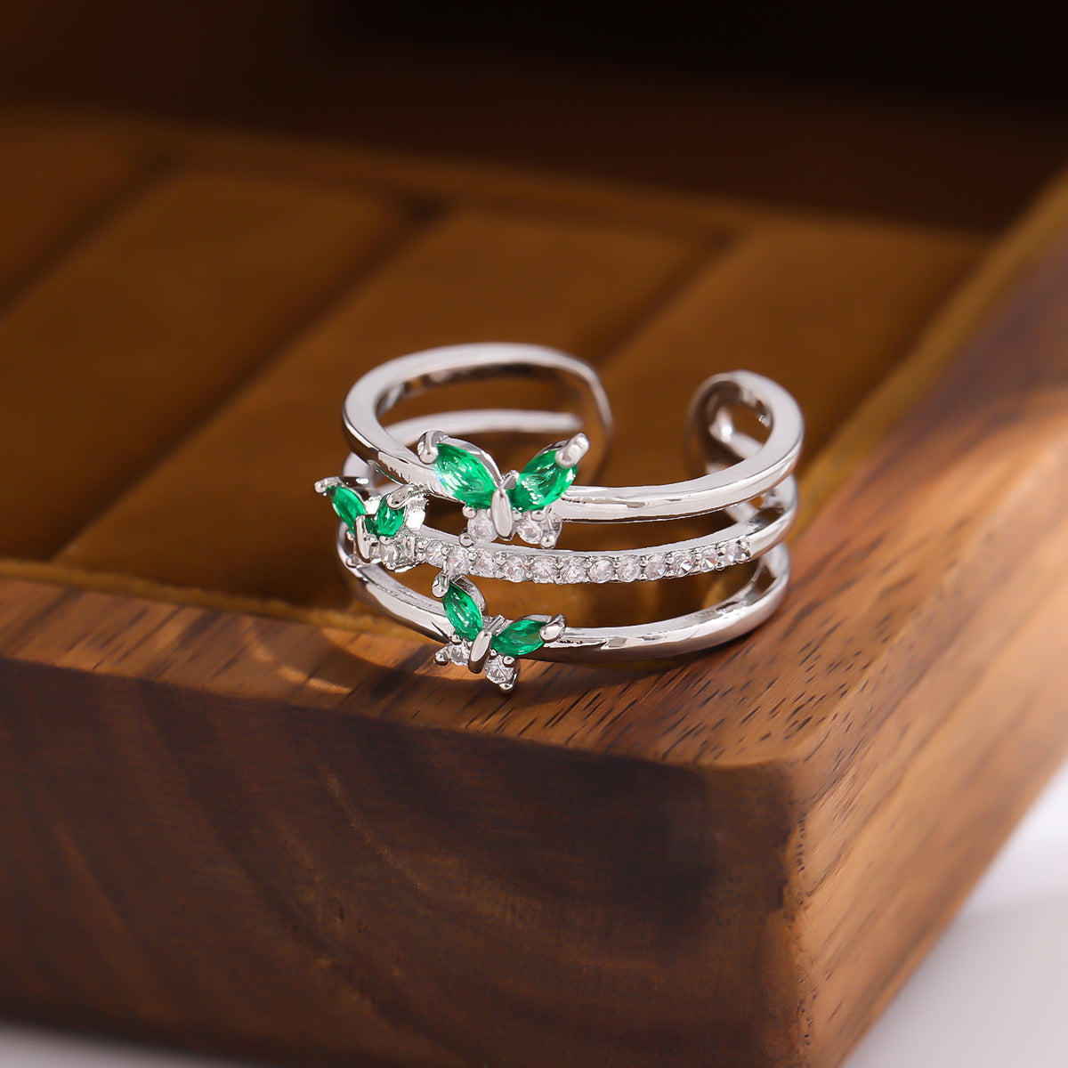 Green Wings Diamond Butterfly Ring For Women Adjustable