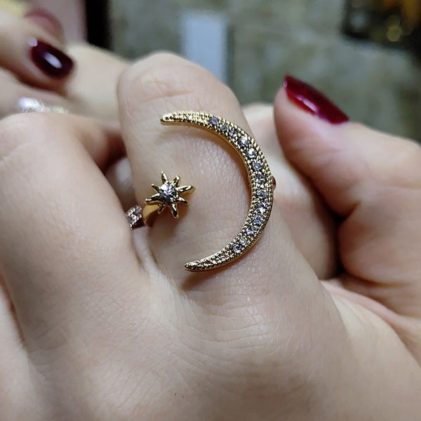 Copper Crescent Moon Ring With Gemstone Open Ring Fashion Jewelry Electroplated Finish Moon Phase Ring Shimmer