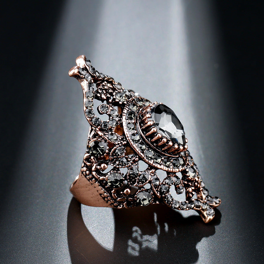 Womens Retro Geometric Alloy Ring Black Plated Fashion Statement Jewelry For Her Elegant Vintage Inspired Accessory