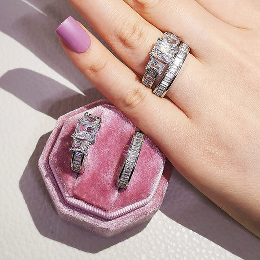 Zircon Electroplated Geometric Ring White Copper Jewelry For Women Style Sparkling Band Sizes 5 6 7 8 9 10 Gift