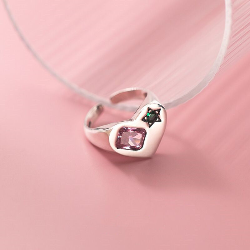 Adjustable Copper Ring For Women With Love Star Zircon Accent Electroplated Retro Silver Tone Gift For Birthday