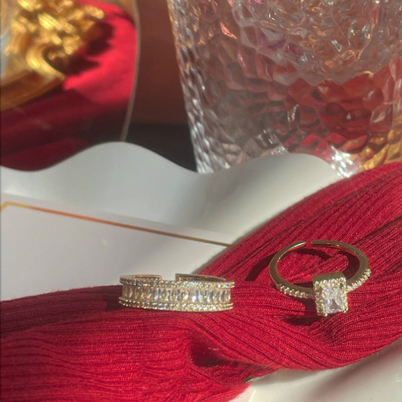 Womens Zircon Ring Adjustable Square Diamond Jewelry Korean Style Geometric Design Exquisite Fashion Gold Tone