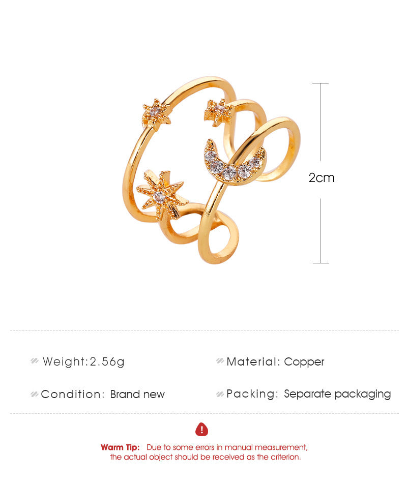 Hollow Star And Moon Ring Triple Layer European Copper Ring Electroplated Festival Jewelry Individually Packed