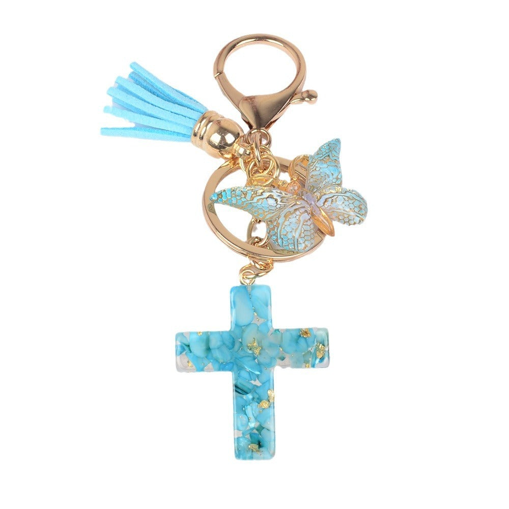 Alloy Keychain With Tassel Butterfly Stone And Epoxy Decoration Cross Crown Roman Numerals Patterns Pink Beige