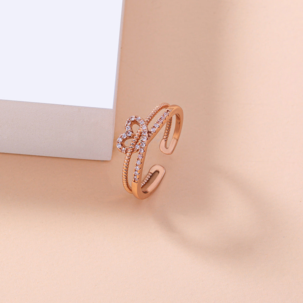 Love Heart Ring Open Adjustable Zircon Copper Ring European Electroplated Personalized Ring Europe and America