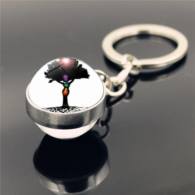 Yoga Keychain Double Sided Glass Ball Pendant Silver Plated Alloy Car Key Ring Bag Charm Decoration Gift Decor