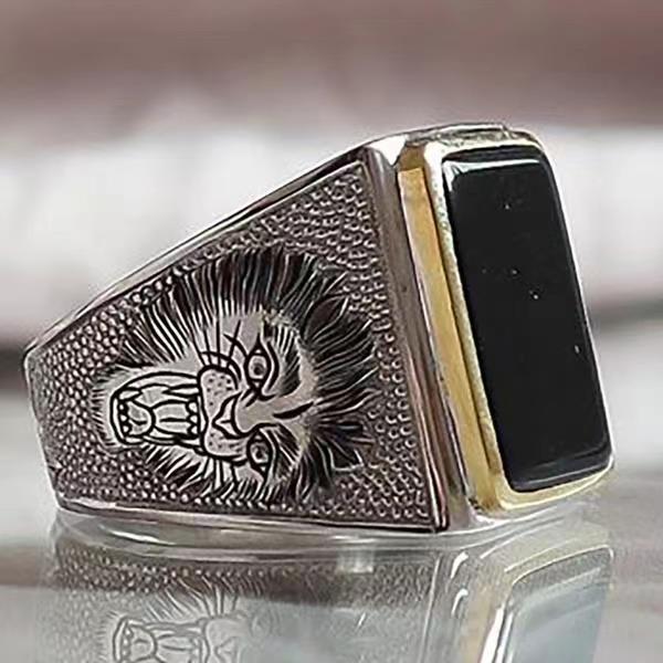Mens Square Ring Geometric Alloy Two Tone Black Gemstone Inlaid Ring European American Birthday Gift Pack Ring