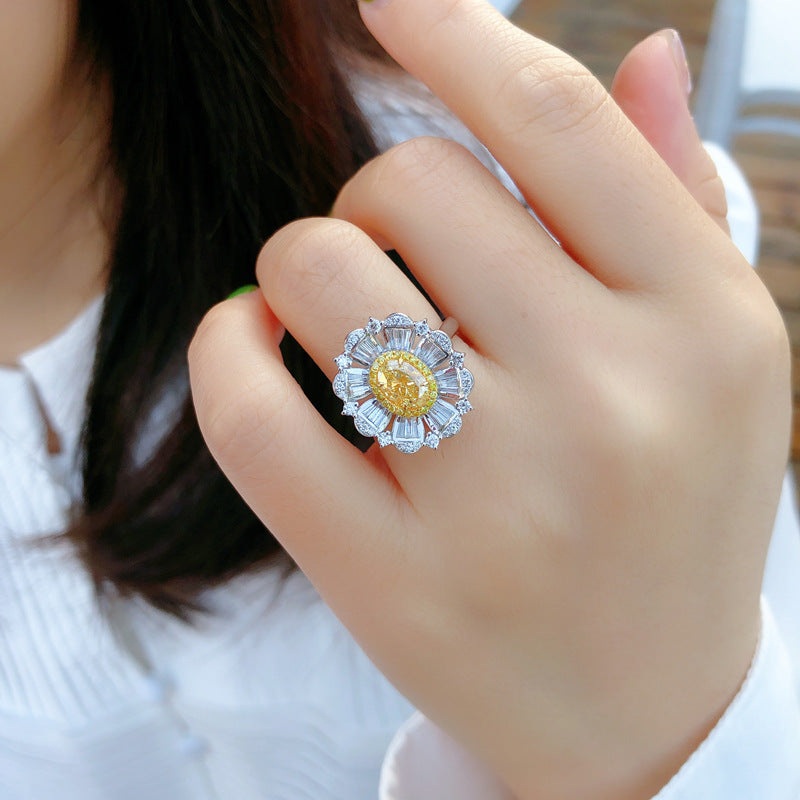 Yellow Diamond Blooming Flower Ring Copper With Sterling Silver Gem Inlay Adjustable Size Jewelry For Women Everyday