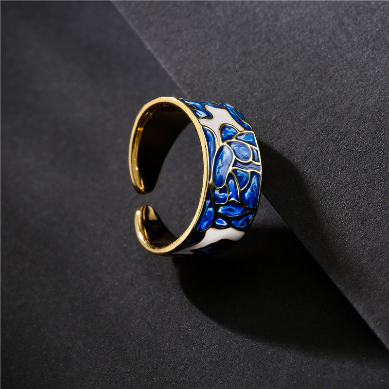 Adjustable Blue White Porcelain Ring With Zircon Inlay Copper Finish For Women Elegant Fashion Jewelry Daily Wear Gift