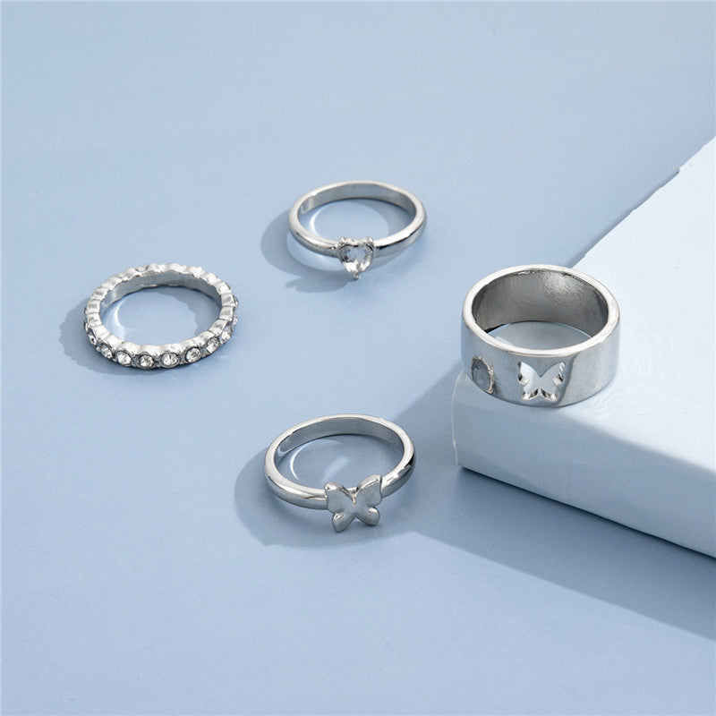 Four Piece Ring Set Alloy Rings With Butterfly Rhinestones And Love Joint Design Elegant Fashion Jewelry Women