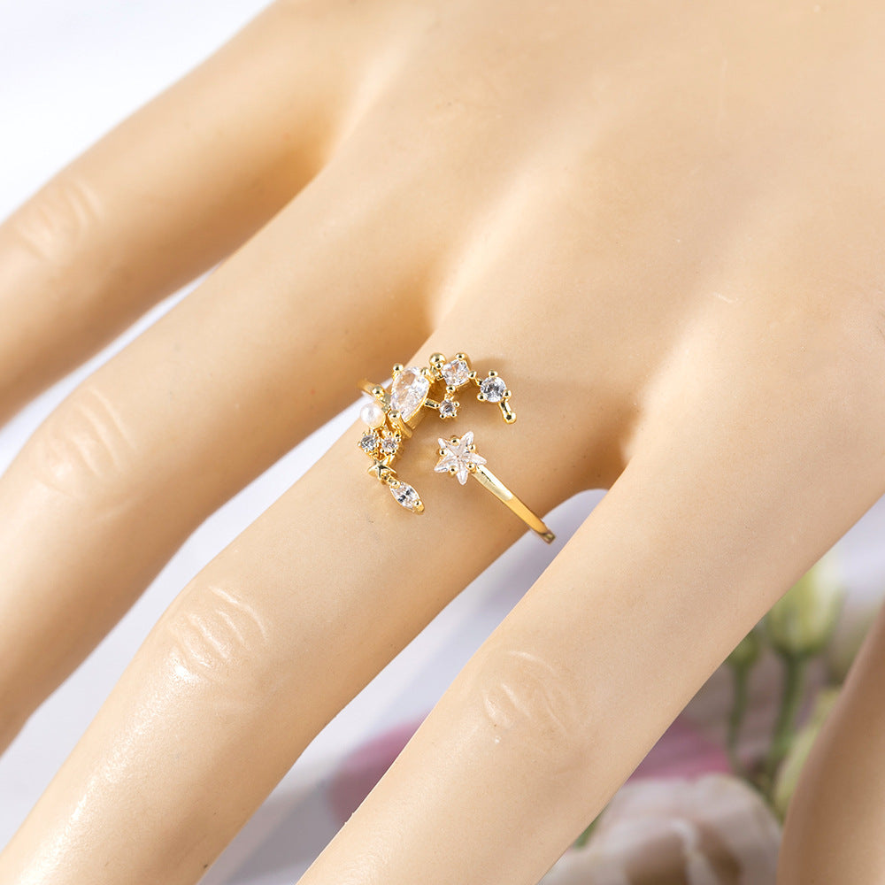 Copper Zircon Star Ring For Women Gold Plated Inlay Gem Semi Precious Stone Geometry Jewelry Gift Daily Wear
